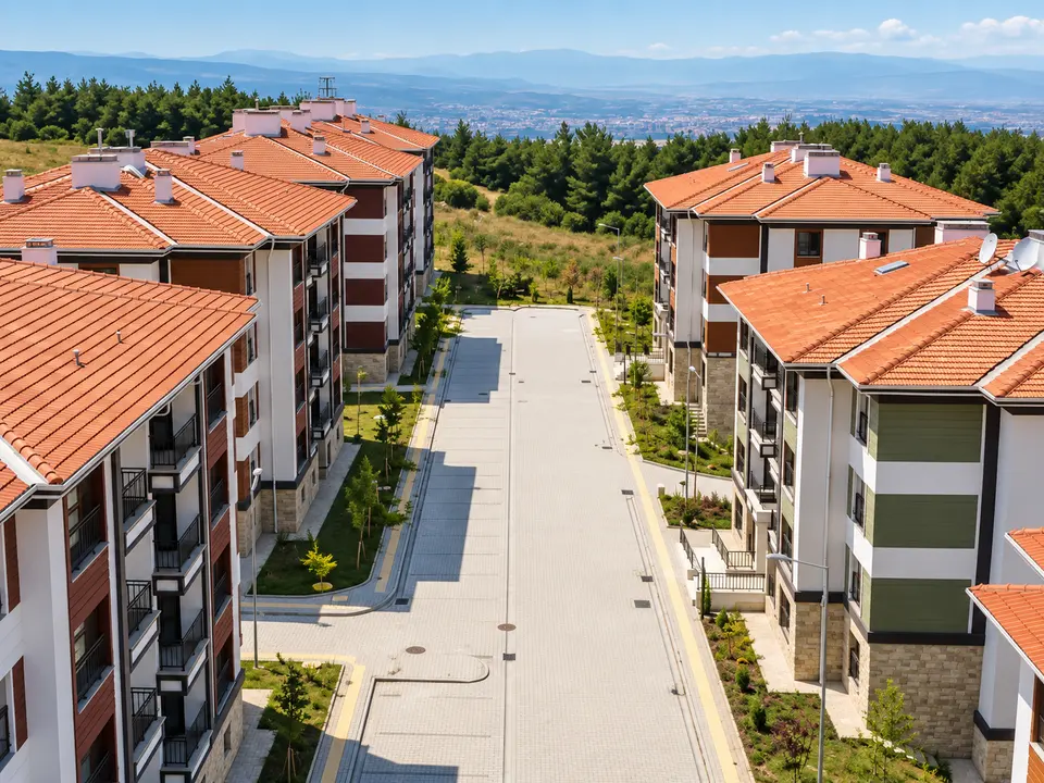 Bloklar arasında uzanan yaya aksı ve iki yanında peyzaj; arkada ova ve dağlar.