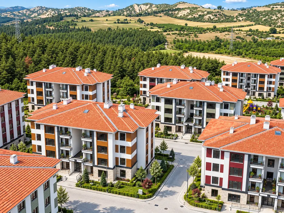 Konut blokları, yeşil alanlar ve sitenin tepelerle çevrili konumu.